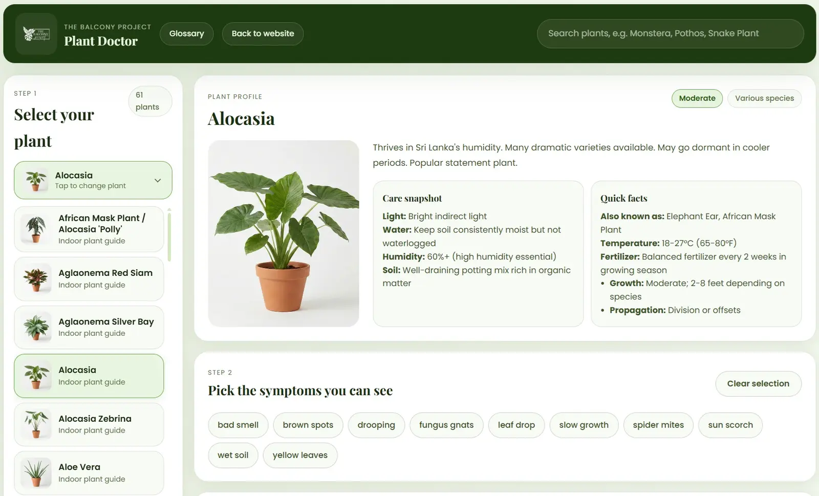 Preview of The Balcony Project Plant Doctor — select a plant and diagnose issues
